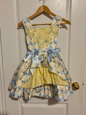 Blue & Yellow Floral Lace Appliqué Girls' Party Dress